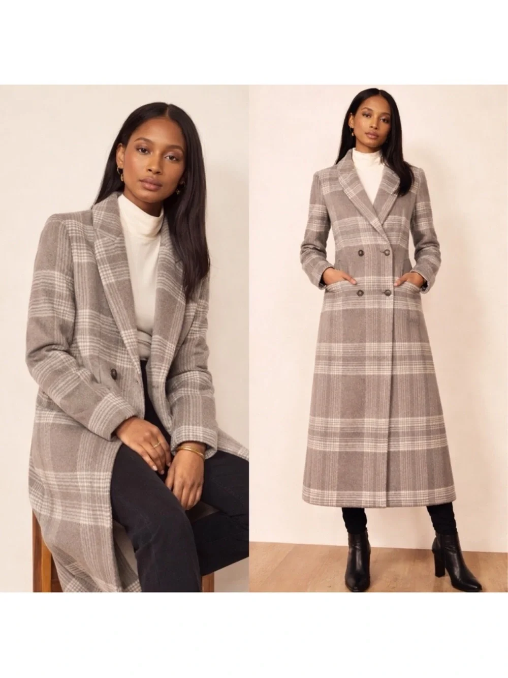 Reformation York Double Breasted Plaid Coat - Size Medium
